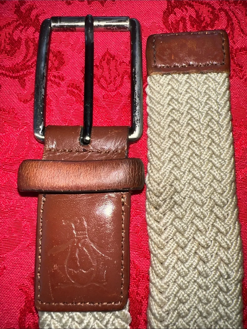 Original Penguin Men’s Tan Braided Woven Belt Size 34 Leather Trim